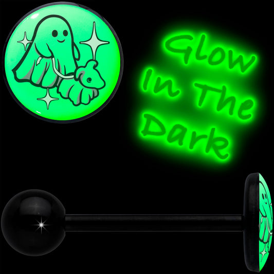 Glow in the Dark Black Anodized Halloween Ghost and Dog Barbell Tongue Ring by Onyx O