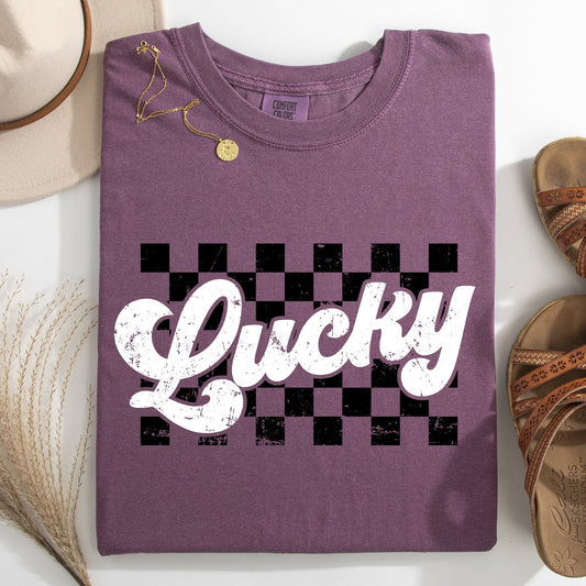 Checkered, Lucky, Retro, Vintage, St Patrick's Day, Shamrock, Clover, Lucky, Leprechaun Tshirt Comfort Colors T-Shirt