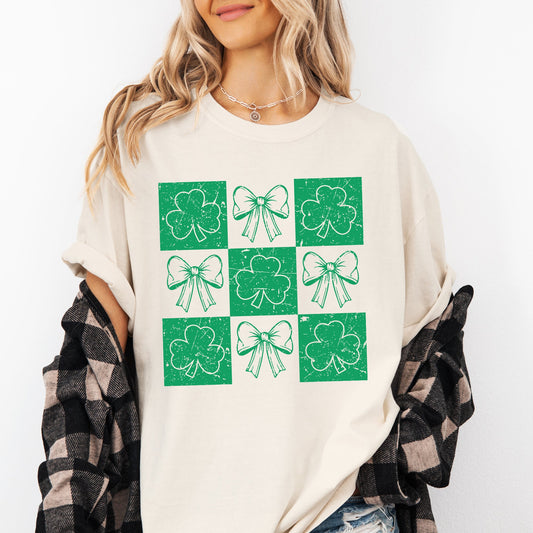 Checkered, Retro, Ribbon, Bows, St Patrick's Day, Shamrock, Clover, Lucky, Leprechaun Tshirt Comfort Colors T-Shirt