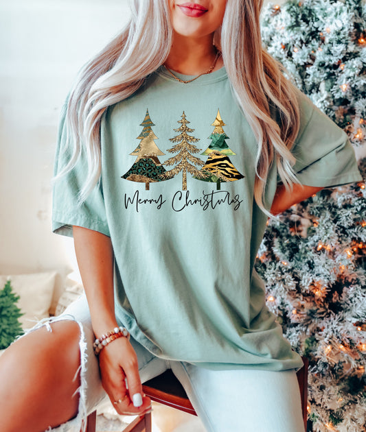 Merry Christmas Retro Trees Comfort Colors Tshirt, Vintage Trees Christmas Tee