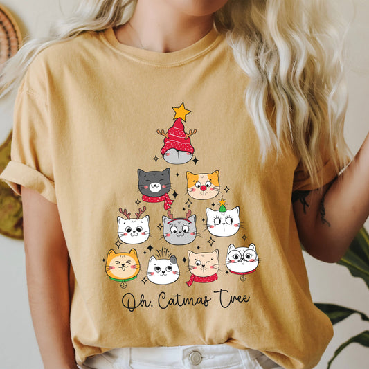 Oh Catmas Tree Christmas Comfort Colors Tshirt, Vintage Funny Cat Tee