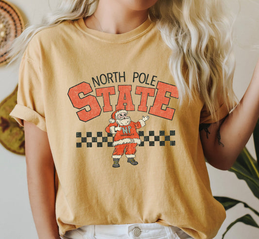 North Pole State Santa Comfort Colors Tshirt, Vintage Christmas Tee