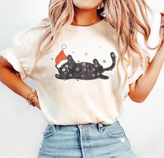 Tangled Black Cat Comfort Colors Tshirt, Vintage Cat Christmas Shirt