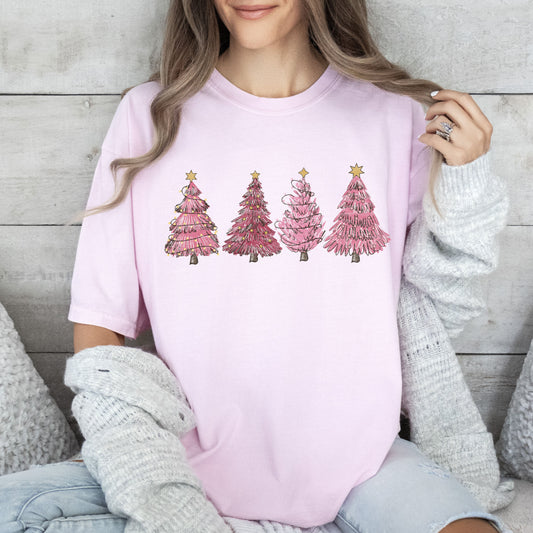 Pink Christmas Trees Comfort Colors Tshirt, Vintage Trees Christmas Shirt