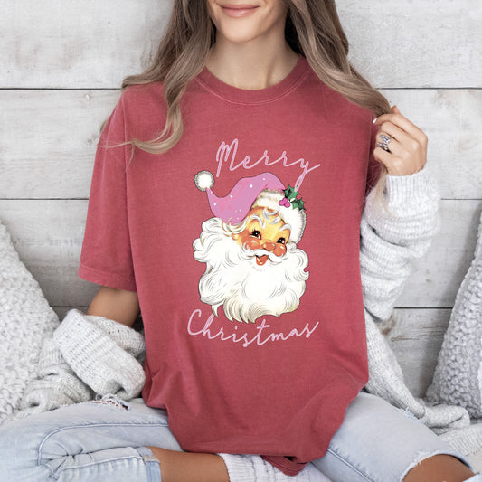 Merry Christmas Pink Santa Comfort Colors Tshirt, Vintage Christmas Santa Shirt