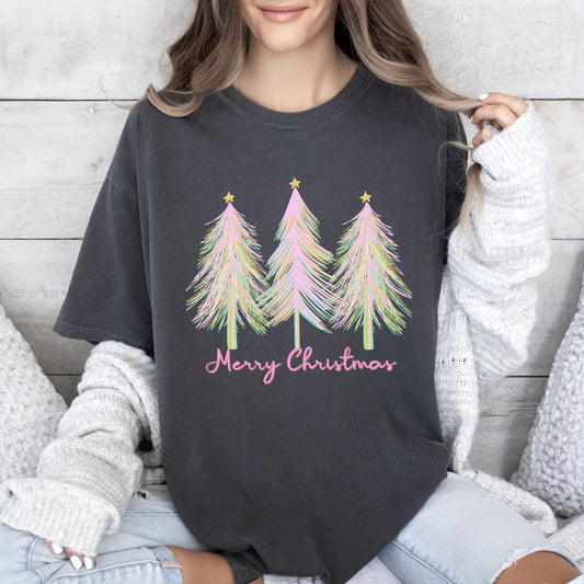Merry and Bright Christmas Trees Comfort Colors Tshirt, Pink Watercolor Christmas Trees Shirt