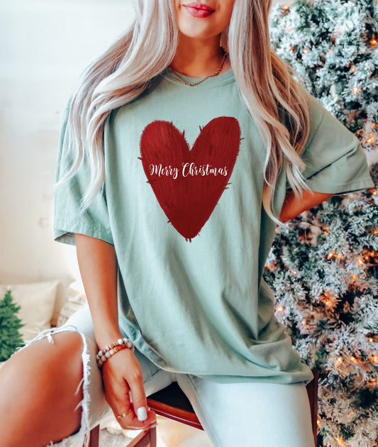 Merry Christmas Red Heart Comfort Colors Tshirt, Retro Christmas Tee