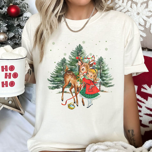 Vintage Christmas Girl and Reindeer Comfort Colors Tee, Retro Classic Christmas Tshirt