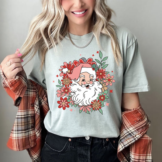 Floral Santa Retro Comfort Colors Tee, Vintage Classic Christmas Tshirt