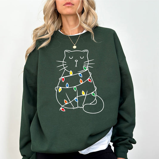Christmas Cat, Lights, Cute, Cat Lover, Feline, Santa, Gift Sweatshirt