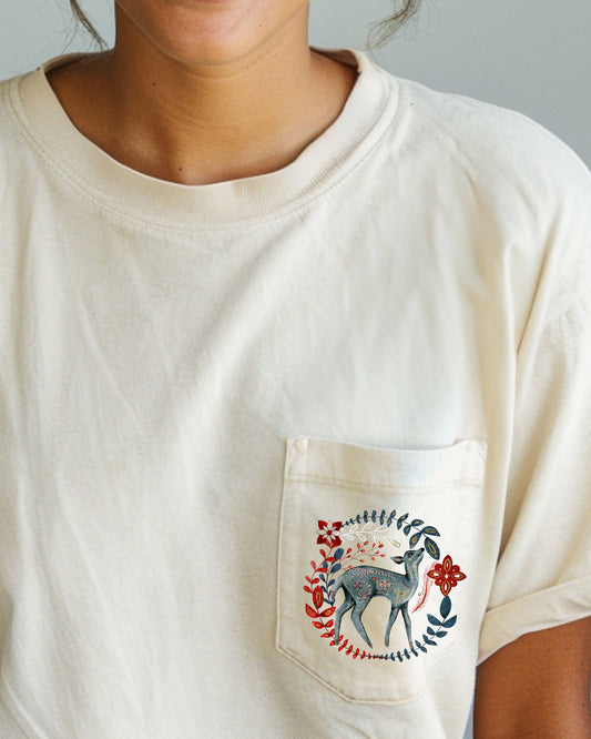 Christmas Deer, Pocket, Folk Art, Santa, Winter, Snow, Xmas, Flowers, Floral Pocket Tee Comfort Colors T-Shirt