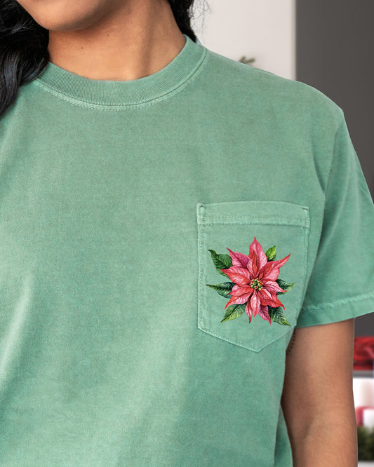 Christmas Flowers, Pocket, Floral, Poinsettia, Winter, Snow, Botanical, Xmas Pocket Tee Comfort Colors T-Shirt