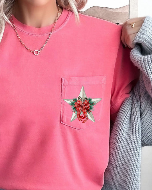 Christmas Flowers, Pocket, Star, Pine Cones, Ribbon, Floral, Poinsettia, Winter, Snow, Botanical, Xmas Pocket Tee Comfort Colors T-Shirt