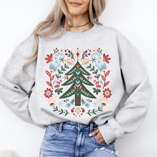 Christmas Tree Folk Art, Scandinavian, Classic, Santa, Floral Sweatshirt
