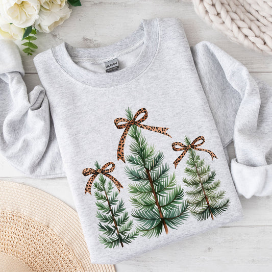 Christmas Trees, Leopard Print Bow, Minimalist, Santa, Snow, Xmas Sweatshirt