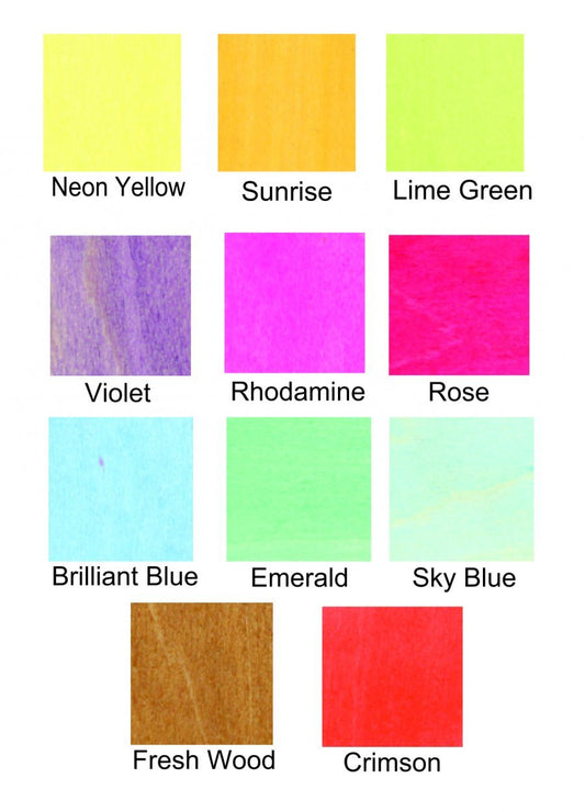 Color swatches labeled with names such as Neon Yellow, Sunrise, Lime Green, Violet, Rhodamine, Rose, Brilliant Blue, Emerald, Sky Blue, Fresh Wood, and Crimson.