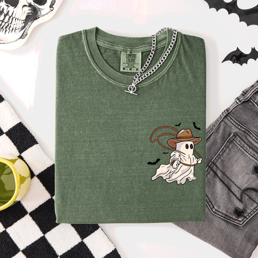 Cowboy Ghost, Lasso, Halloween, Cute, Western, Country, Pocket, Comfort Colors T-Shirt