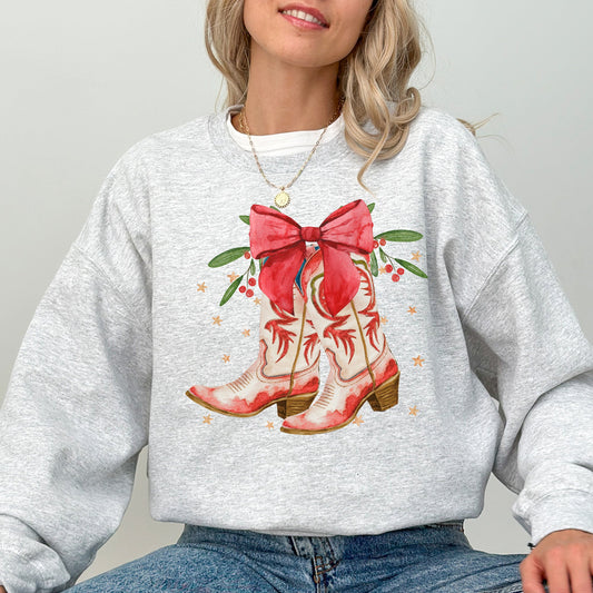 Cowgirl Boots, Cowboy, Bows, Mistletoe, Christmas, Santa, Country, Western, Xmas Sweatshirt