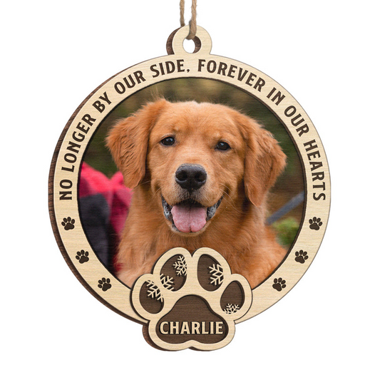Custom Photo No Longer By Our Side, Forever In Our Hearts Pet Memorial - Personalized Wood Ornament - Sympathy Gift For Pet Owners, Pet Lovers