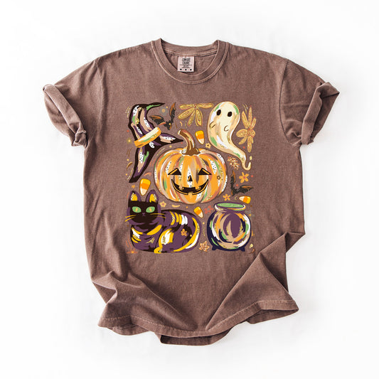 Cute Halloween Painted, Pumpkin, Black Cat, Ghost, Witch, Comfort Colors T-Shirt