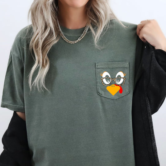 Cute Turkey, Teacher, Thanksgiving, Pocket Tee Comfort Colors T-Shirt