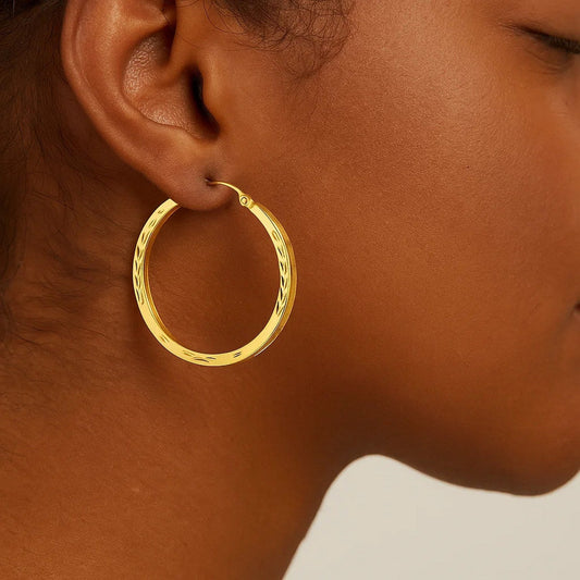 14k Yellow Gold Diamond Cut Hoop Earrings(2x35mm)