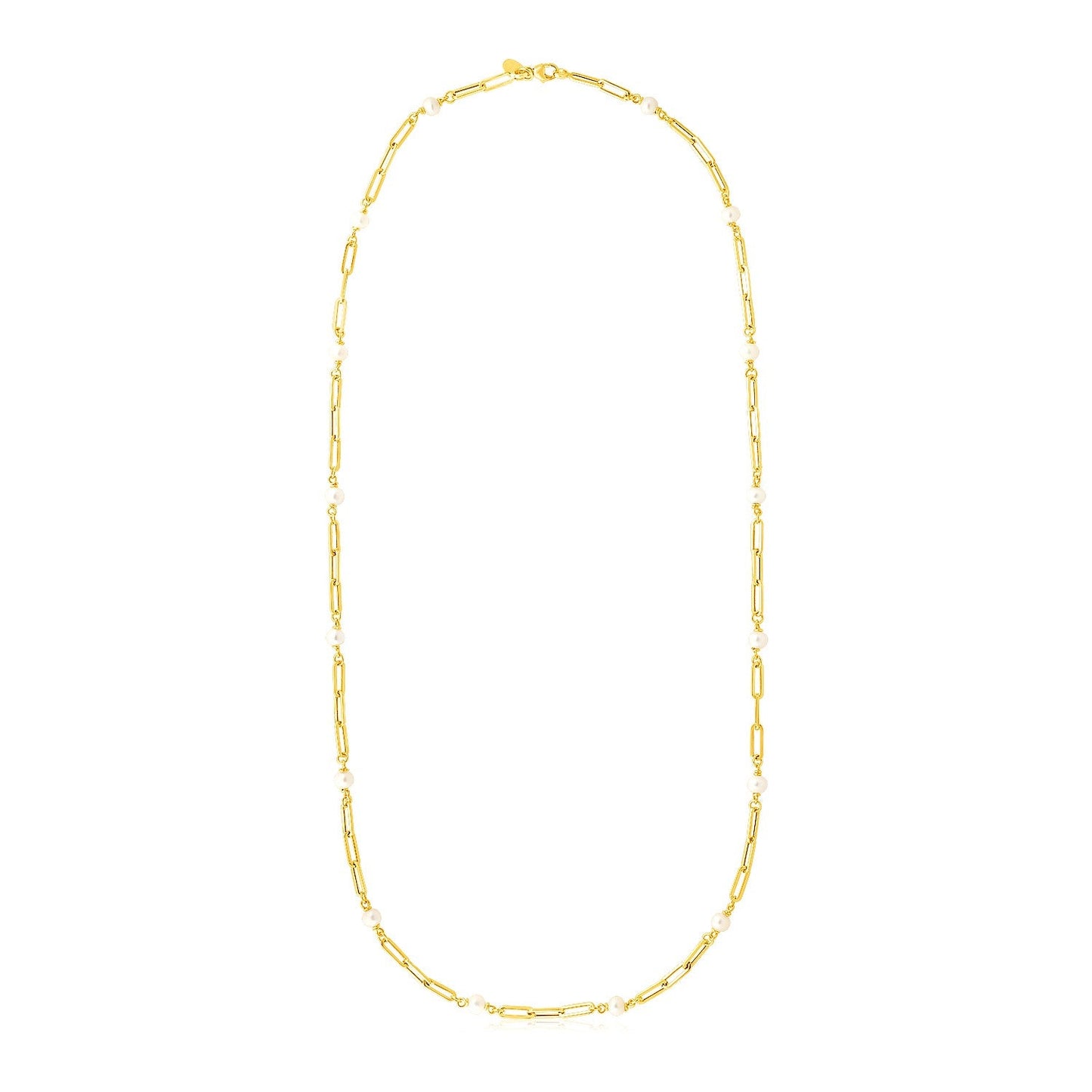 14k Yellow Gold Paperclip Chain and Pearl Necklace