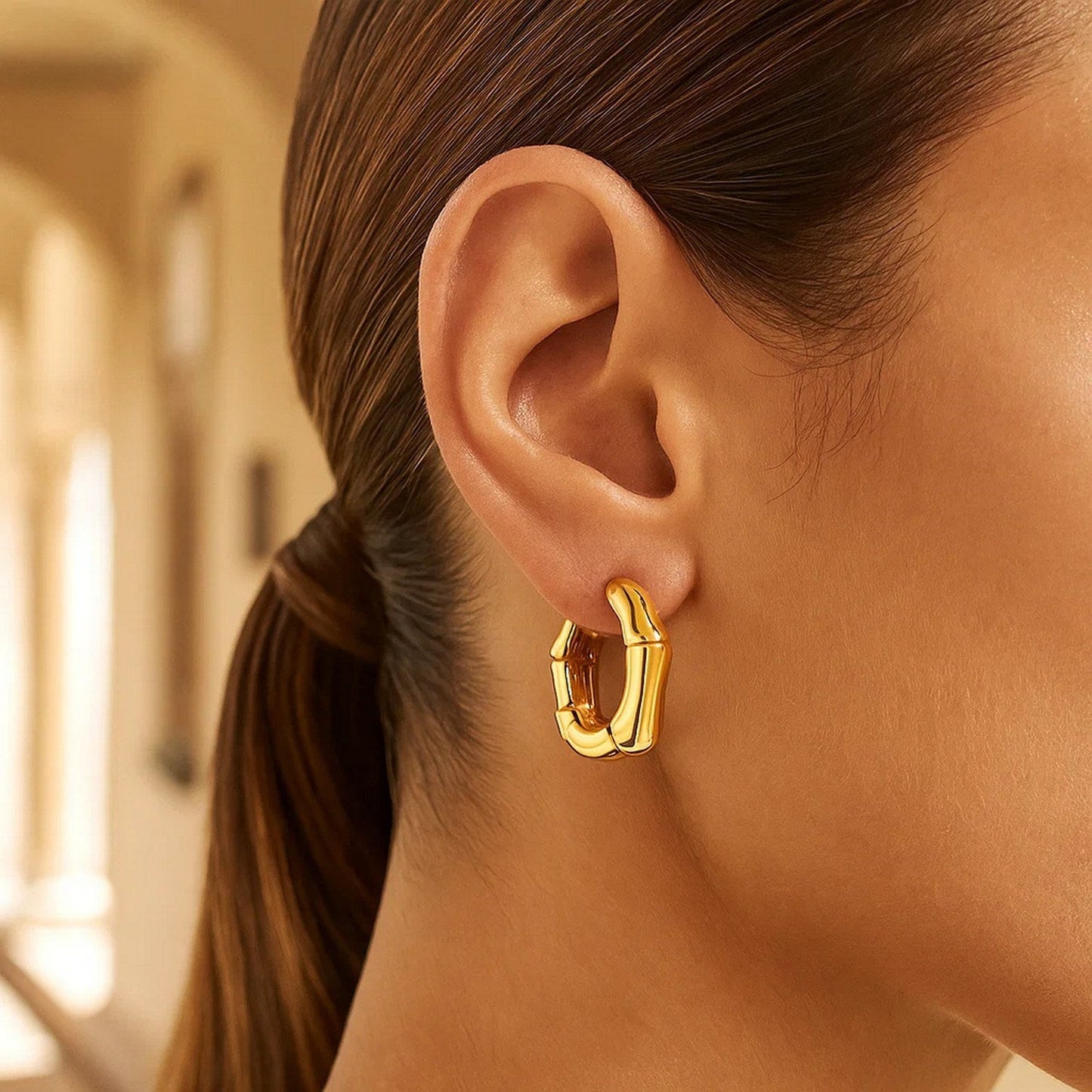 14k Yellow Gold Bamboo Huggie Hoops