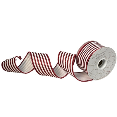 2.5"X10YD White Faux Linen W/ Red Glitter Stripe Ribbon