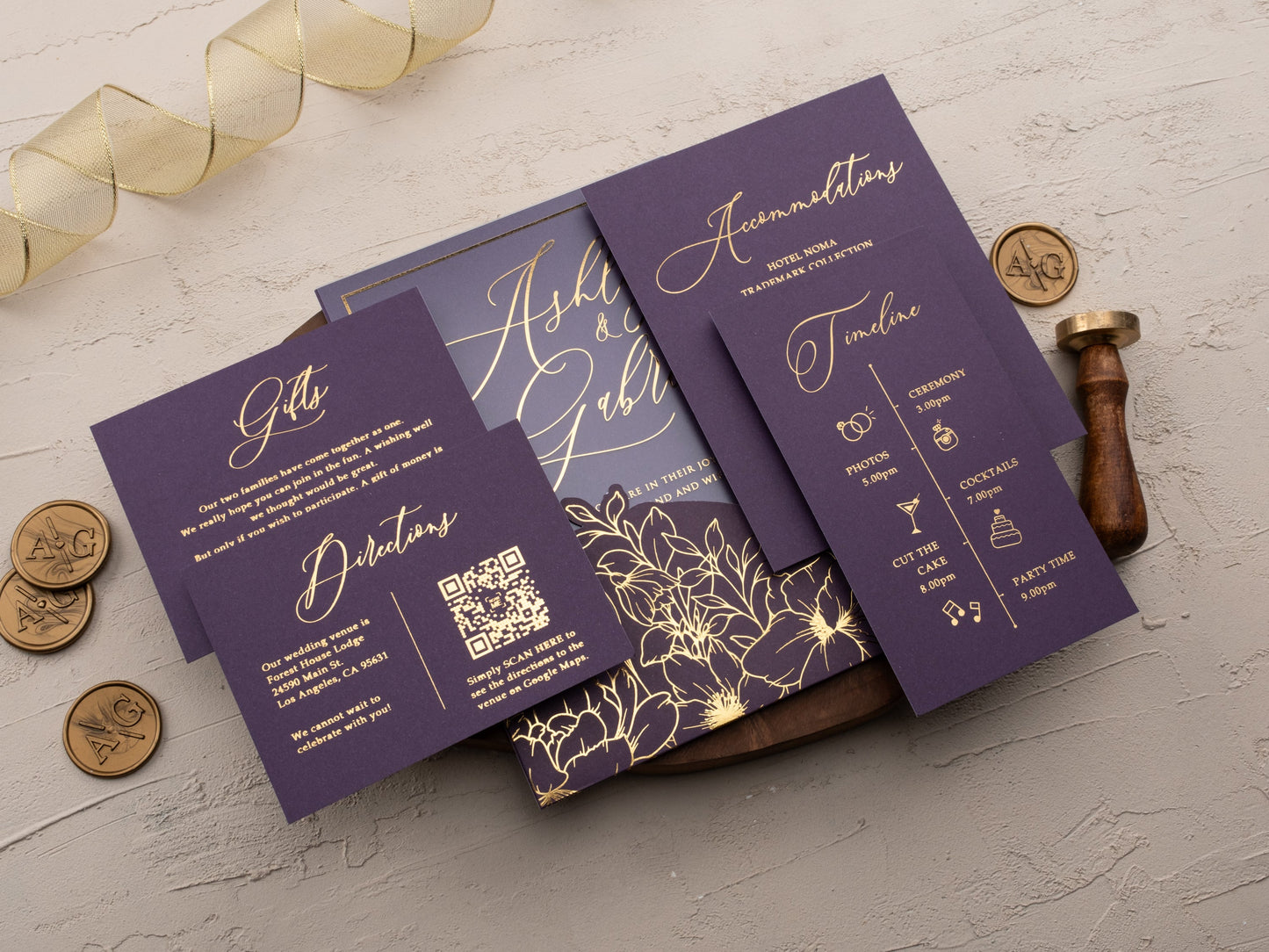 Purple & Gold Floral Acrylic Wedding Invitation | Sleeve Envelope Set