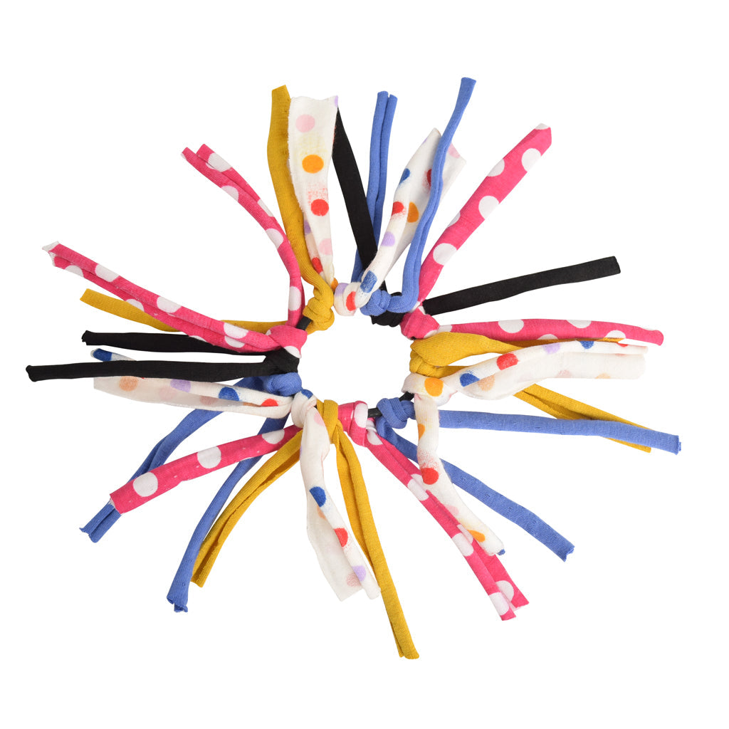 Colorful hair tie set arranged in a circular pattern on a white background.