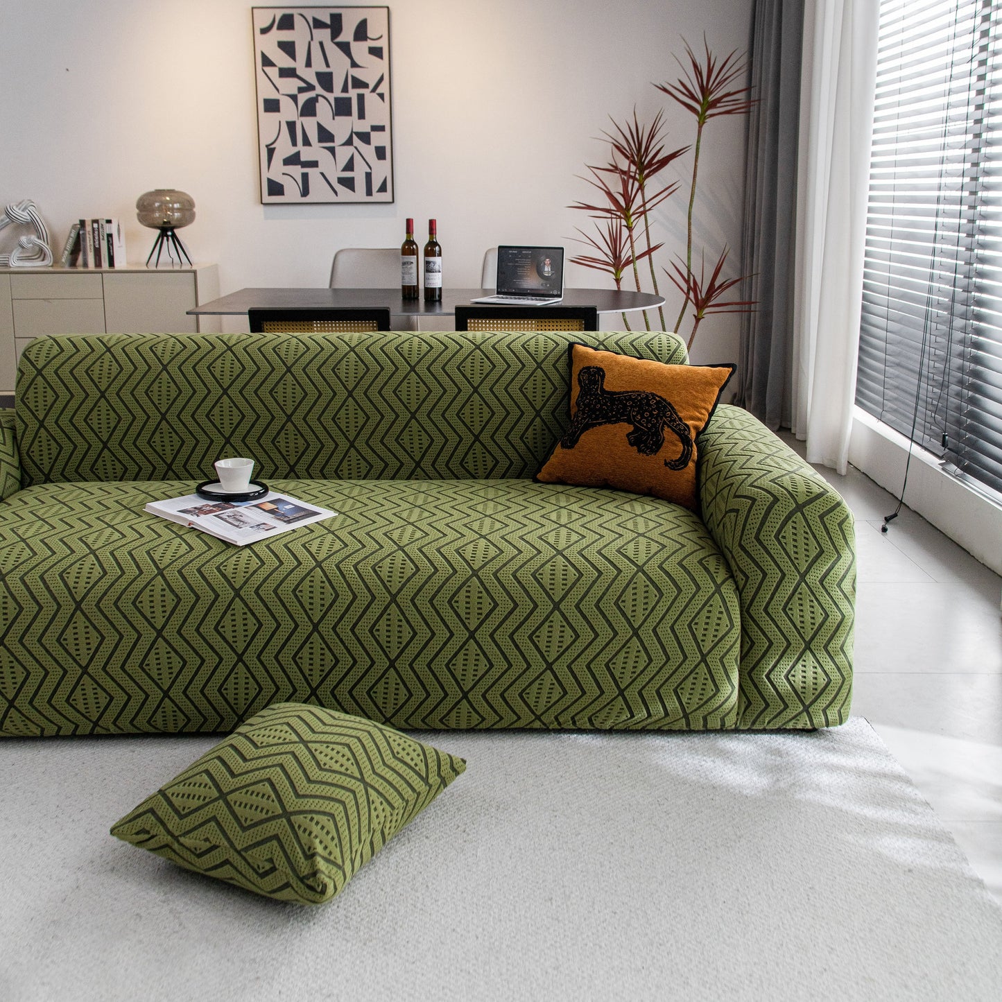 Modern Geometric Jacquard Sofa Slipcover, High Stretch 1-Piece Textured Couch Cover