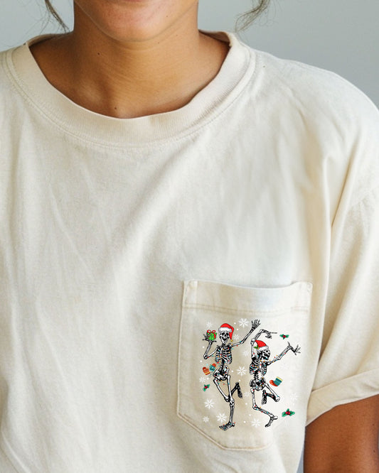 Dancing Skeletons, Pocket, Presents, Snow, Christmas, Santa, Winter, Xmas Pocket Tee Comfort Colors T-Shirt