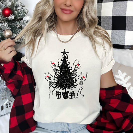 Dancing Skeletons, Santa Hats, Christmas - Black Super Soft Tees