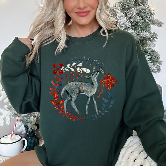 Deer Folk Art Scandinavian Christmas Sweatshirt