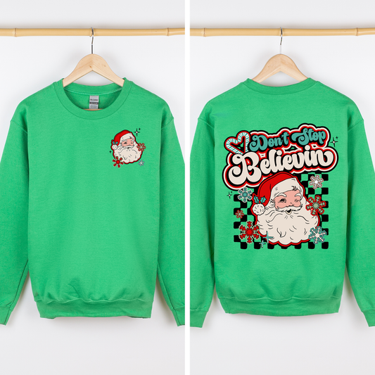 Don't Stop Believin, Santa, Retro, Checkered, Christmas, Front and Back Sweatshirt