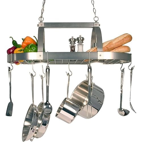 Rustic 2-Light 10 Hook Ceiling Mounted Hanging Pot Rack in Brushed
