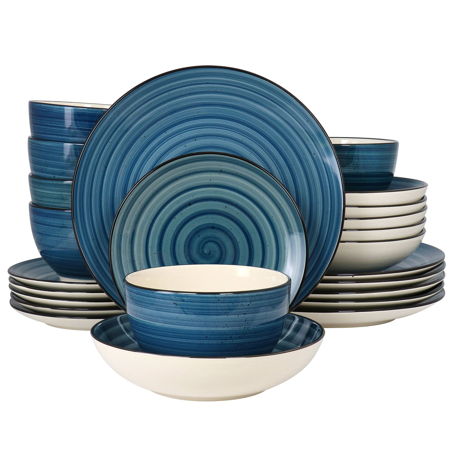 Elama Gia 24 Piece Round Stoneware Dinnerware Set in Dark Blue | Kitchen + Metal