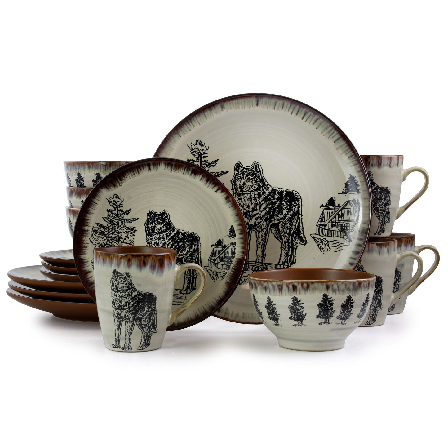 Elama Majestic Wolf 16 Piece Luxurious Stoneware Dinnerware with