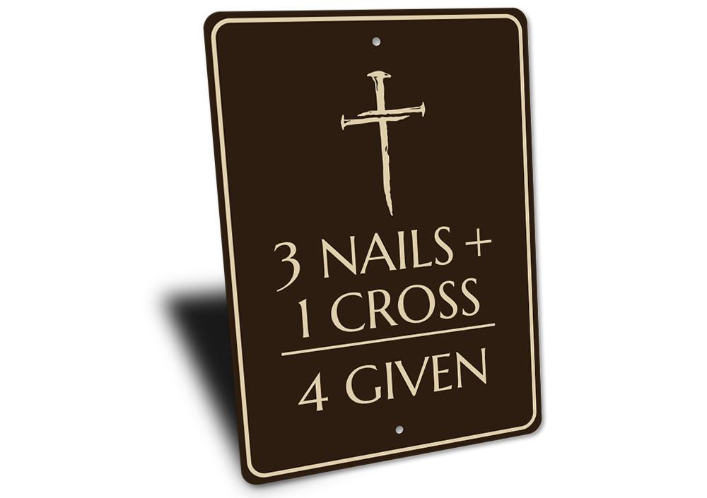 Decorative sign with a cross and text on a brown background