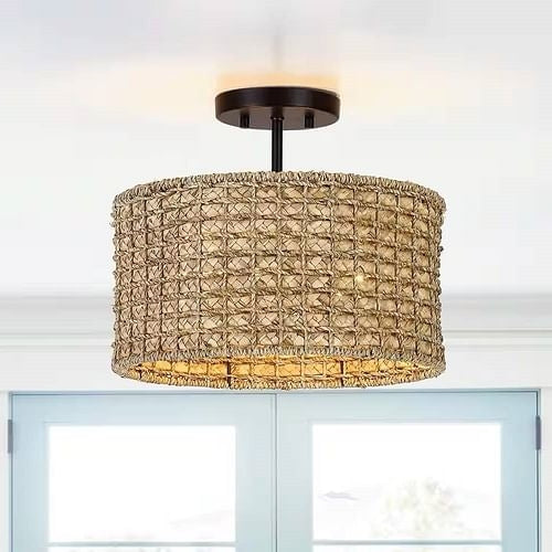 Bohemian 13.6-inch Round Rattan Drum 2-Light Ceiling Light | Kitchen + Metal