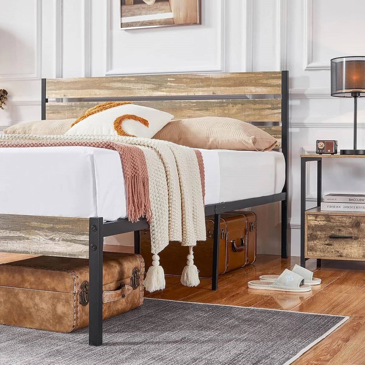 Full size Industrial Rustic Wood / Metal Platform Bed Frame with Headboard