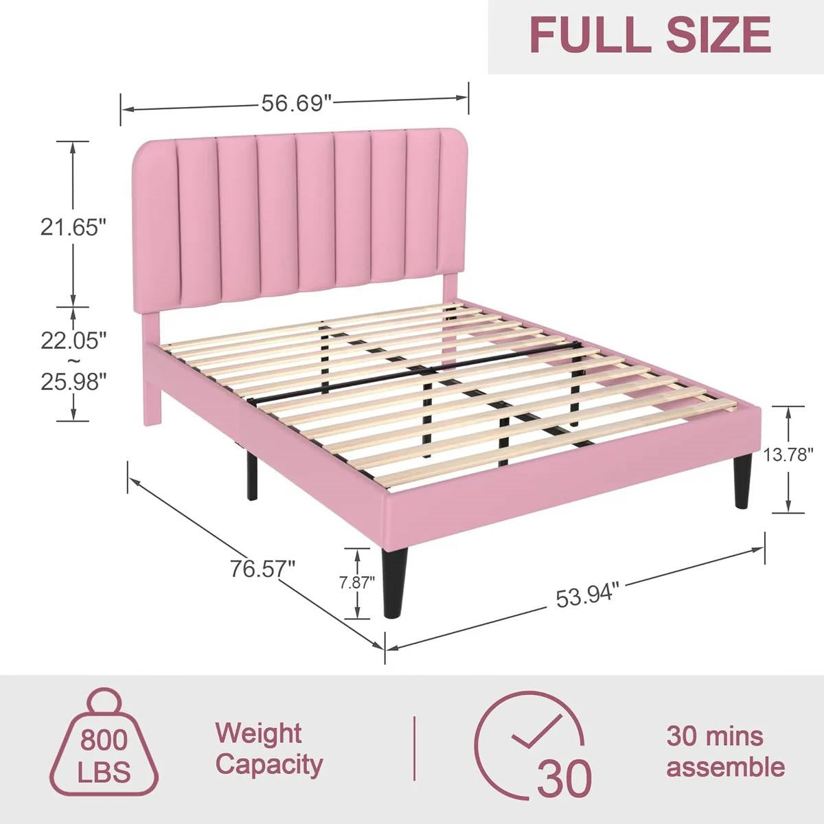 Full size Pink Upholstered Platform Bed Frame with Headboard