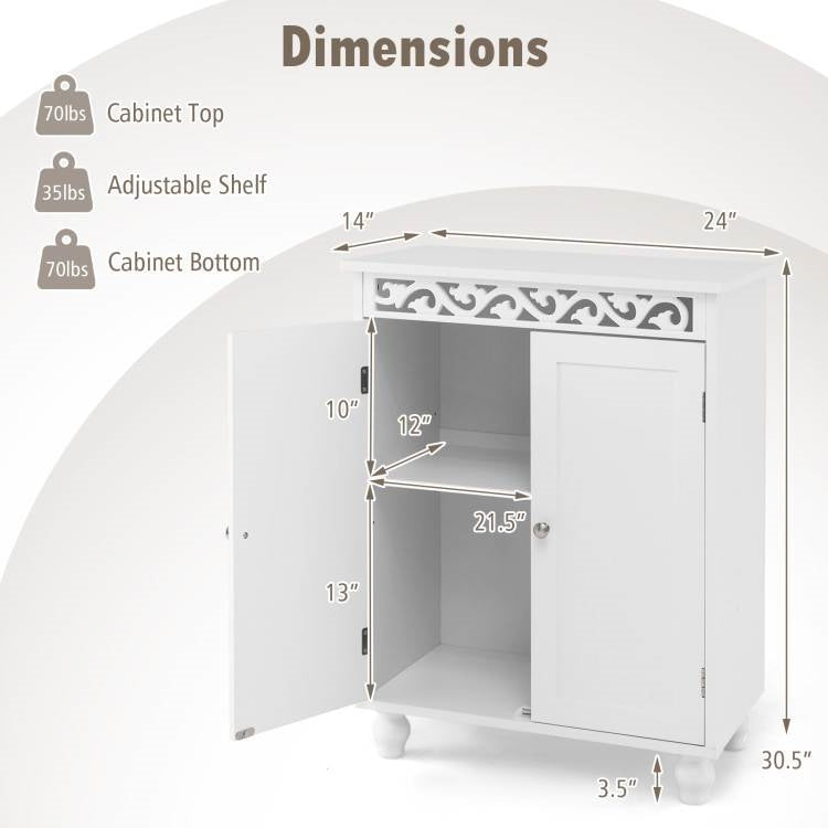 Bathroom Floor Cabinet with 2 Storage Shelves in White Wood Finish