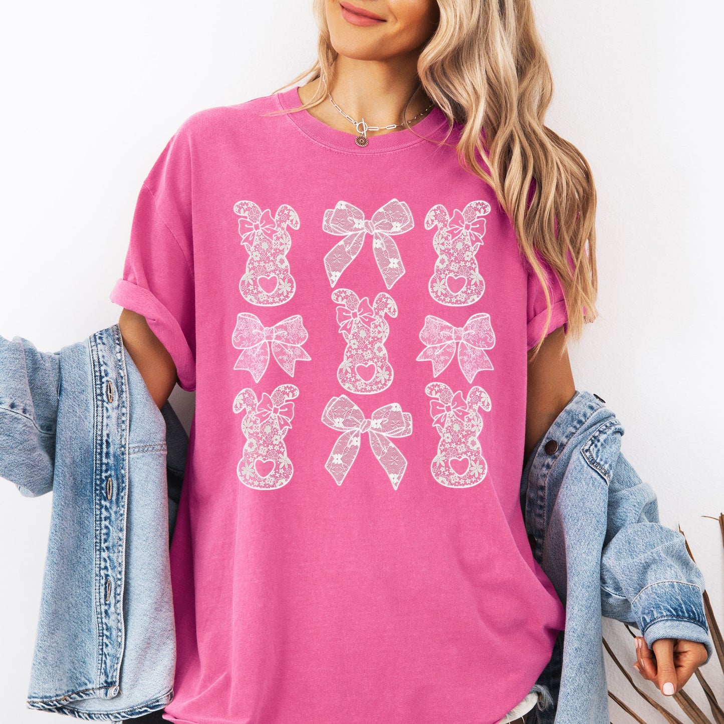 Faux Lace Bunny, Coquette, Bow, Ribbons, Easter, Bunny, Jesus, Rabbit, Holiday Tshirt Comfort Colors T-Shirt