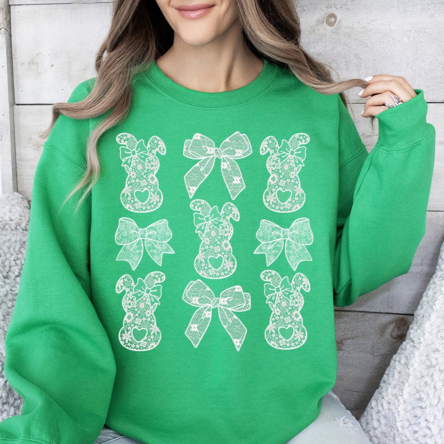 Faux Lace Bunny, Coquette, Bow, Ribbons, Easter, Bunny, Jesus, Rabbit, Holiday Sweatshirt