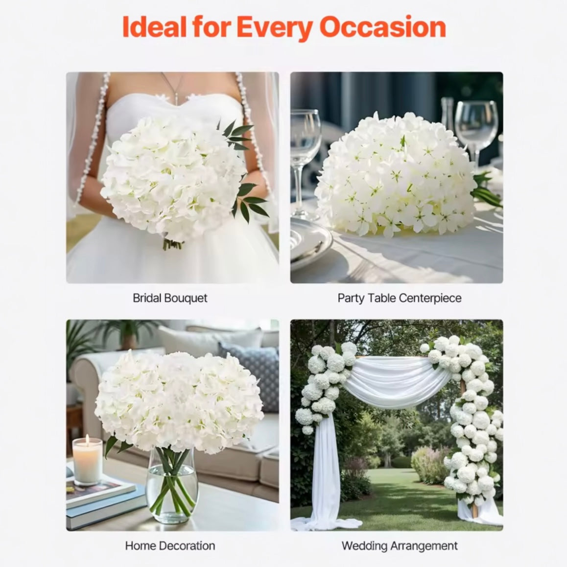 White Hydrangea Flowers - 6 Inch Faux Lifelike Stems 10-Pack