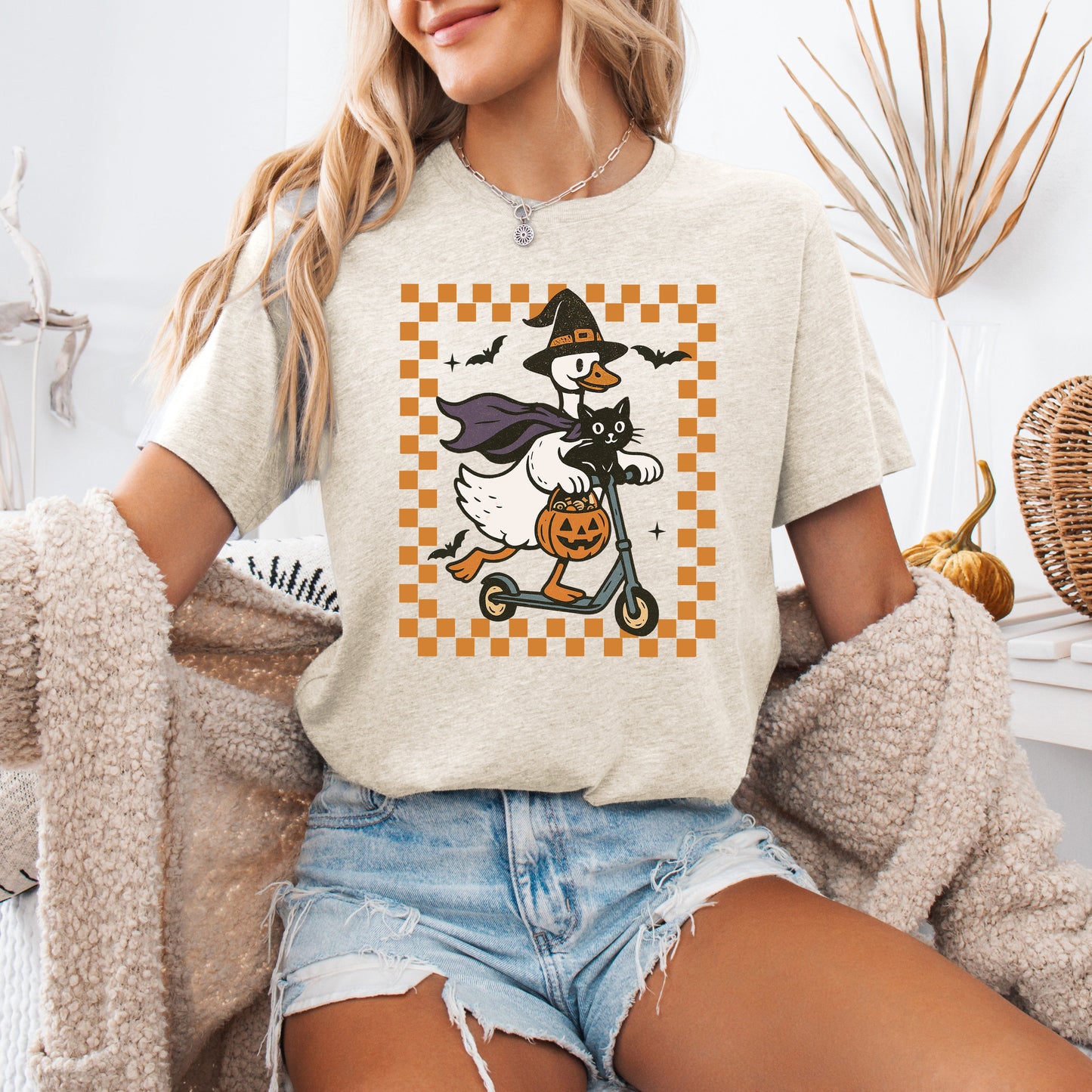 Funny Halloween Goose, Black Cat, Witch, Checkered, Tshirt