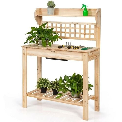 Solid Wood Garden Potting Bench Table with Bottom Shelf and Removeable