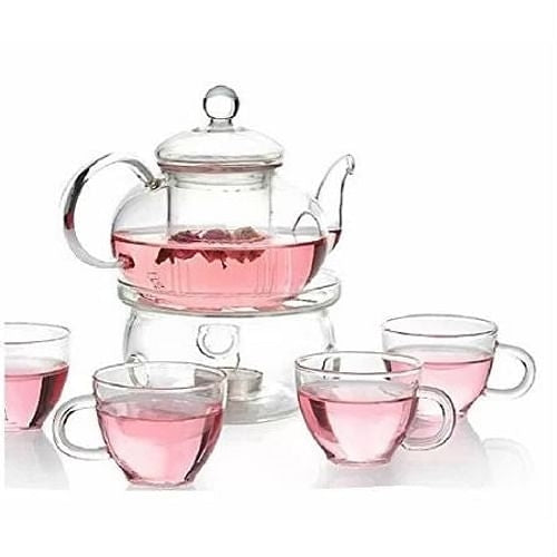 6-Piece Glass Tea Pot Set with 4 Cups Teapot Warmer and Infuser | Kitchen + Metal
